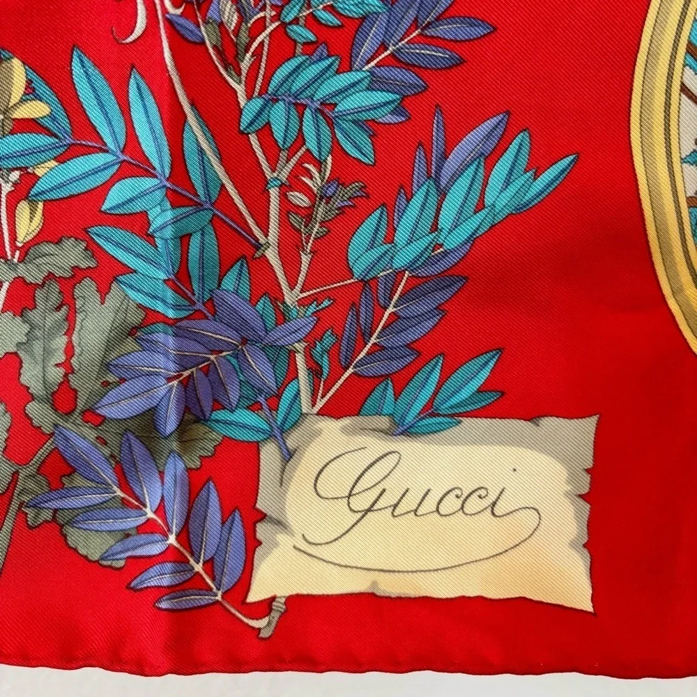 GUCCI Vintage Silk Scarf 34” Red Equestrian Hunting Print Italy